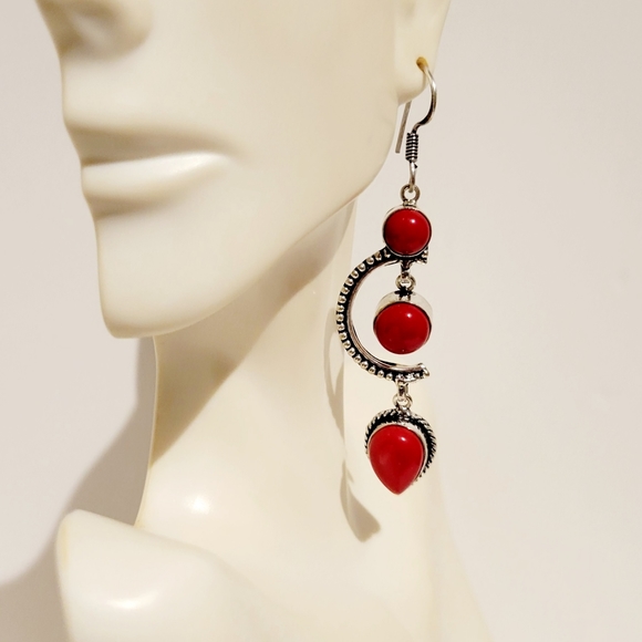 Natural Italian Red Coral 925 Silver Earrings - 3" - Picture 1 of 7